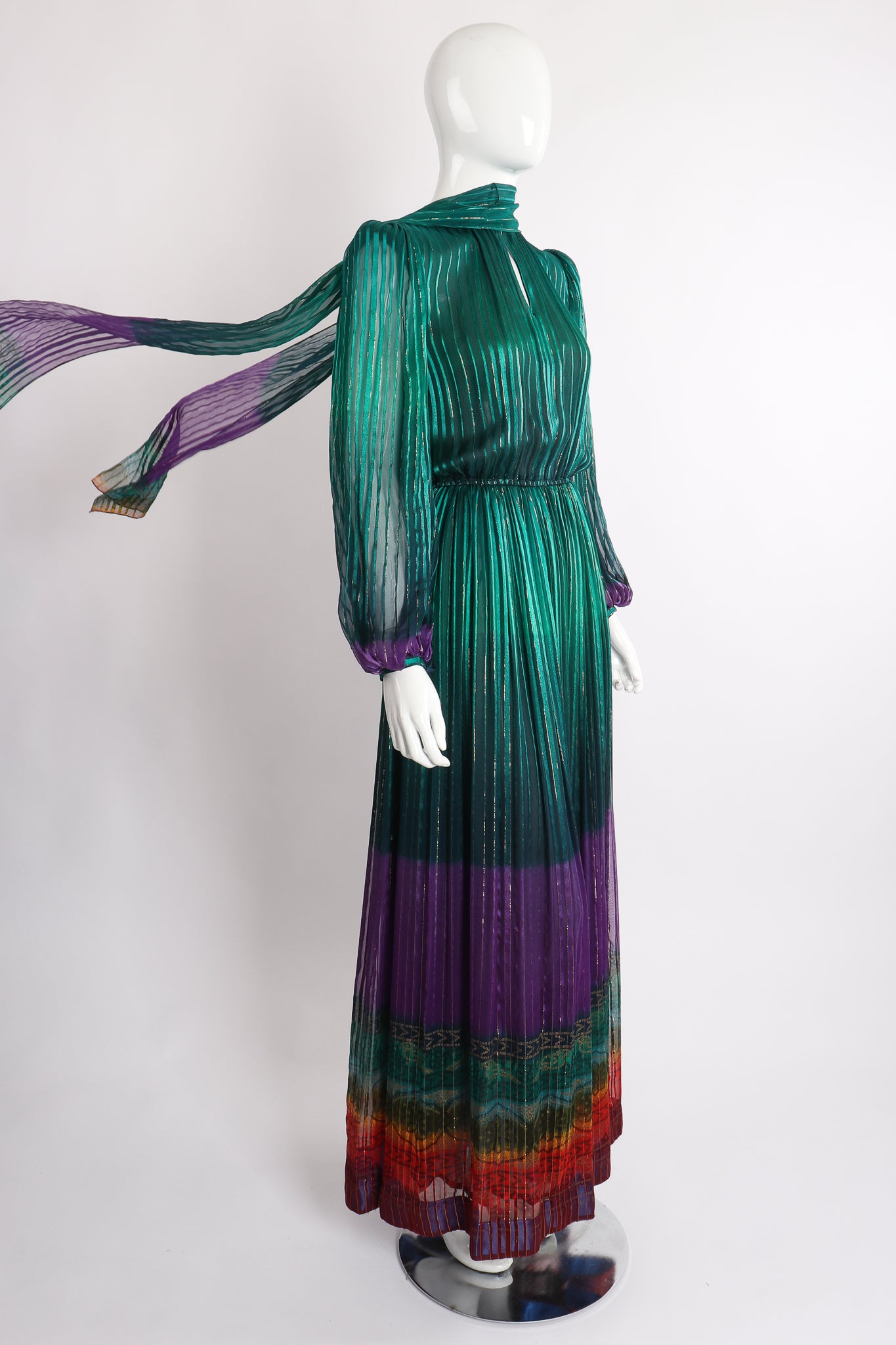 Vintage Soo Yung Lee Chiffon Rainbow Ombré Dress on Mannequin angle scarf at Recess Los Angeles