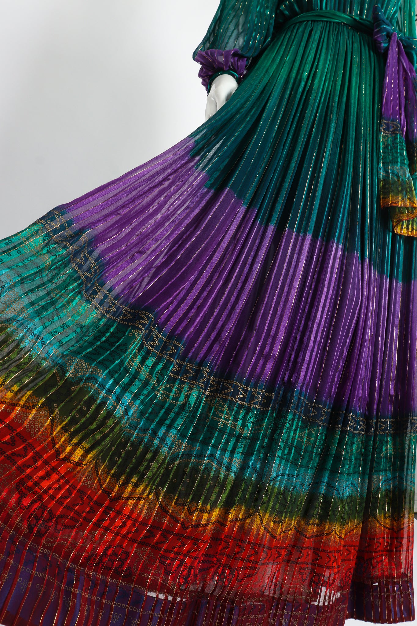 Vintage Soo Yung Lee Chiffon Rainbow Ombré Dress on Mannequin Skirt detail at Recess Los Angeles