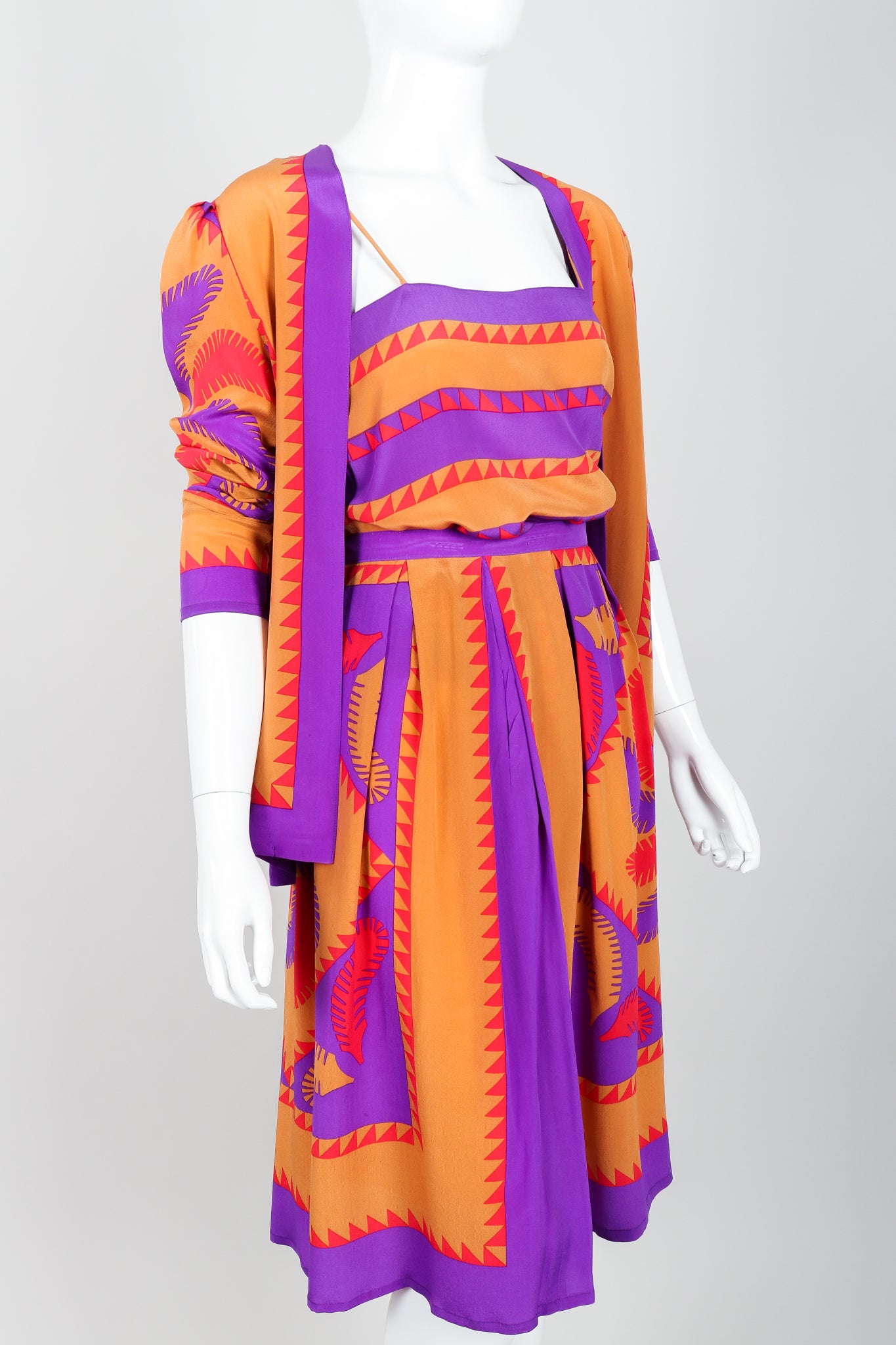 Vintage Soo Yung Lee Santa Fe Stripe Skirt Cami Jacket Outfit on Mannequin angle crop at Recess