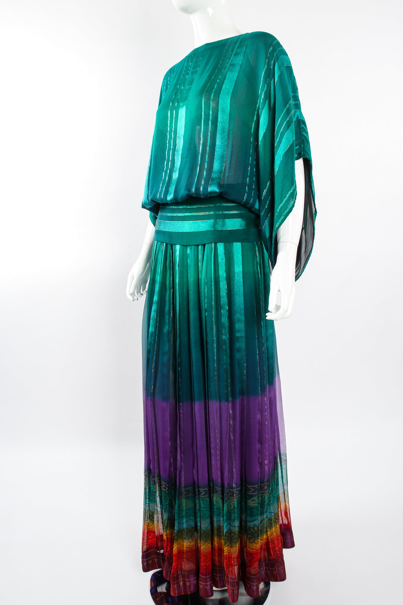 Vintage Soo Yung Lee Rainbow Ombré Chiffon Blouse & Skirt Set on Mannequin angle at Recess LA