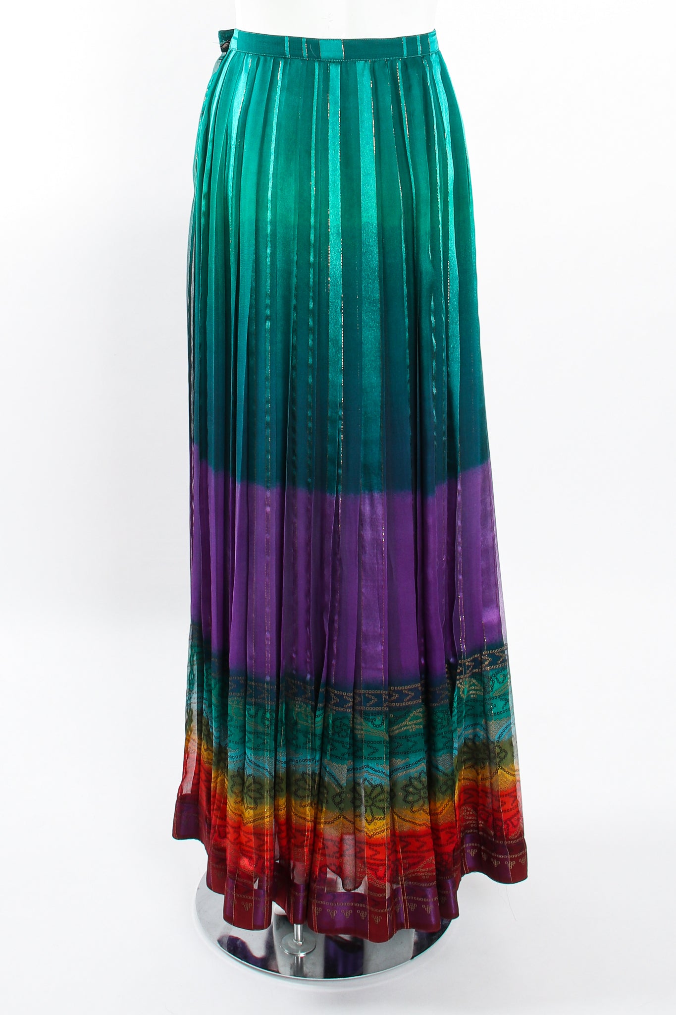 Vintage Soo Yung Lee Rainbow Ombré Blouse & Skirt Set on mannequin skirt front clipped at Recess