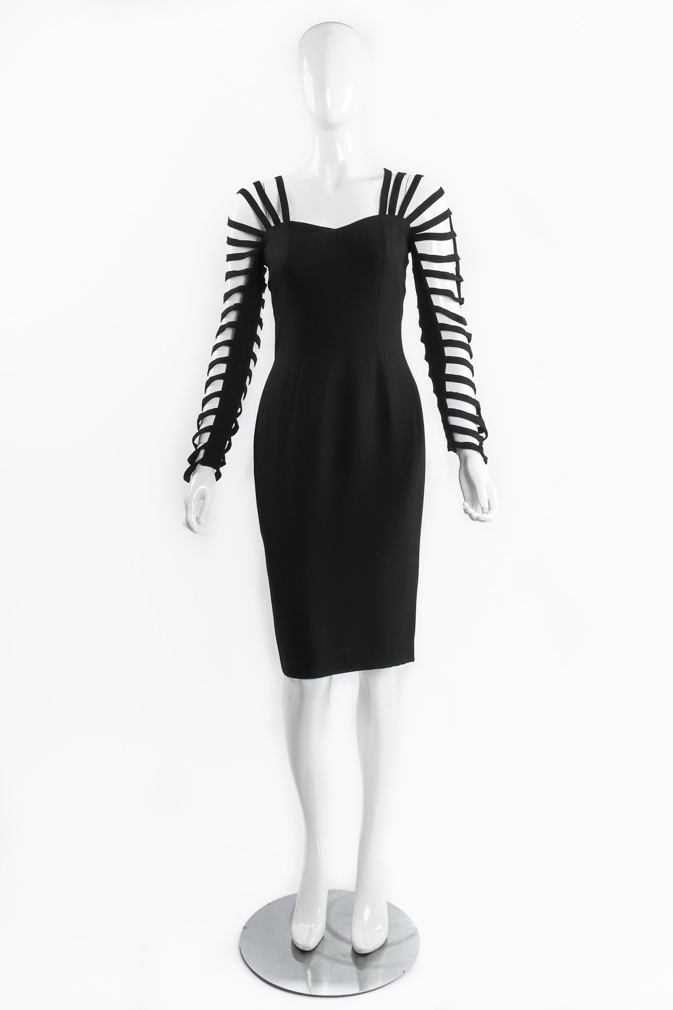 Vintage Sophie Sitbon Strappy Cage Cocktail Sheath Dress on Mannequin front at Recess Los Angeles