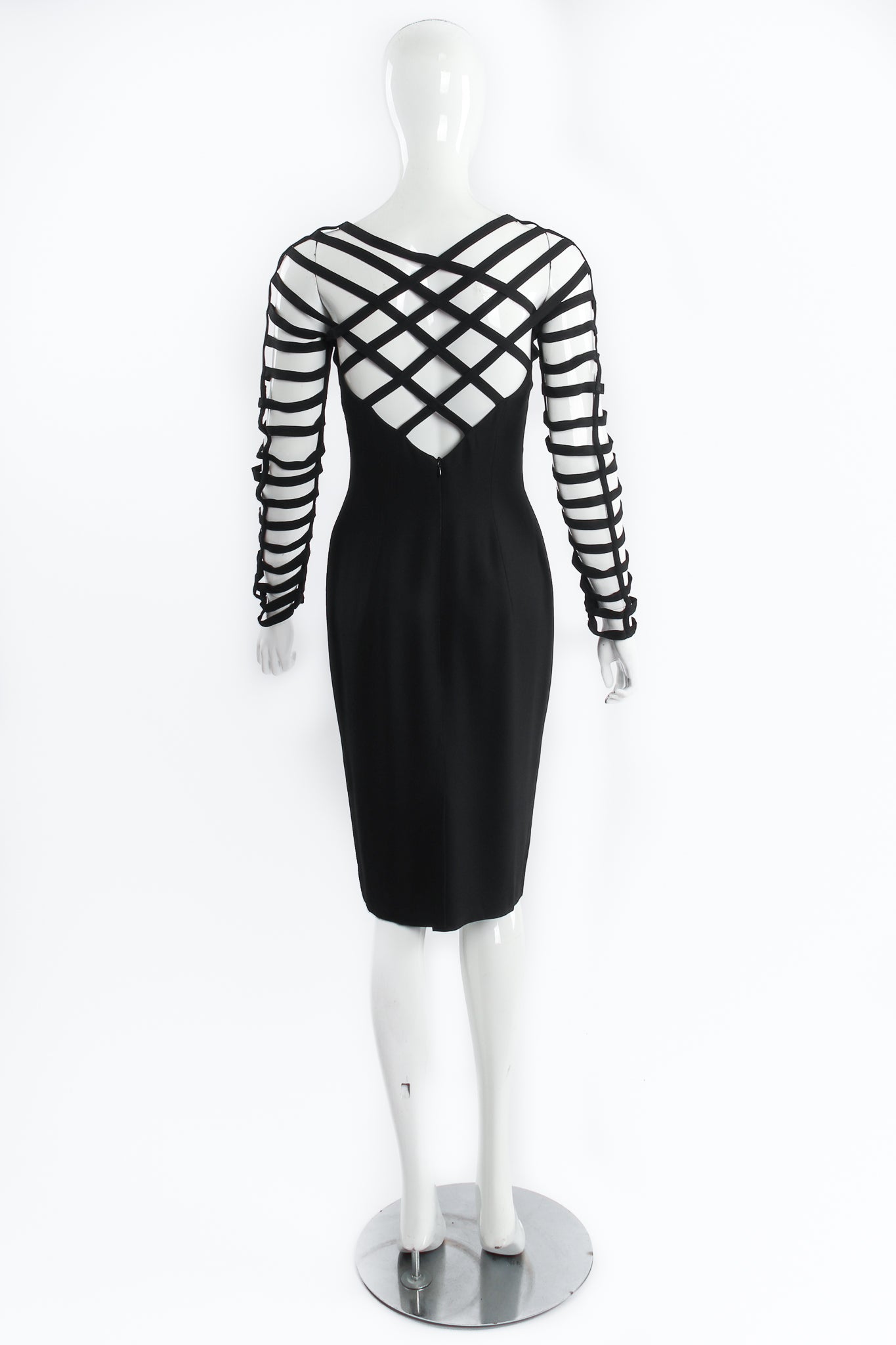 Vintage Sophie Sitbon Strappy Cage Cocktail Sheath Dress on Mannequin back at Recess Los Angeles