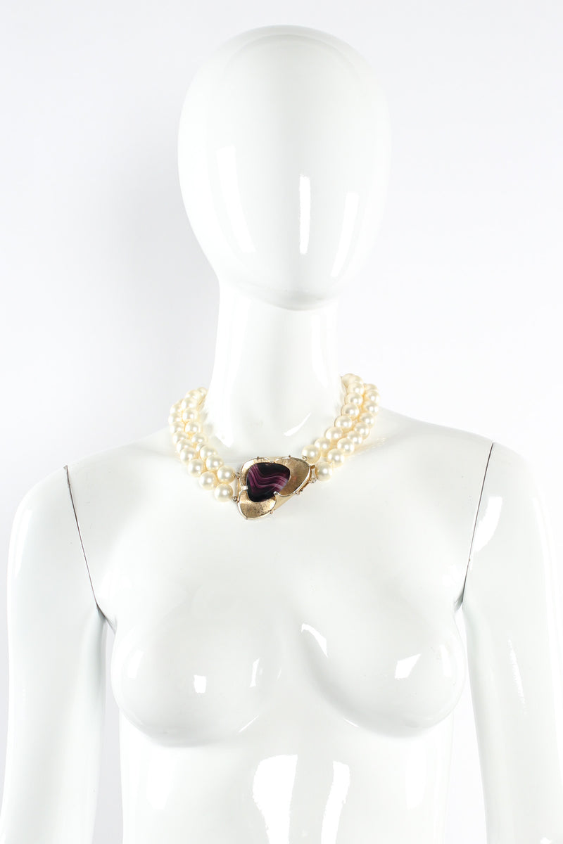 Vintage Sphinx Moiré Stone Pendant Pearl Necklace on mannequin @ Recess LA