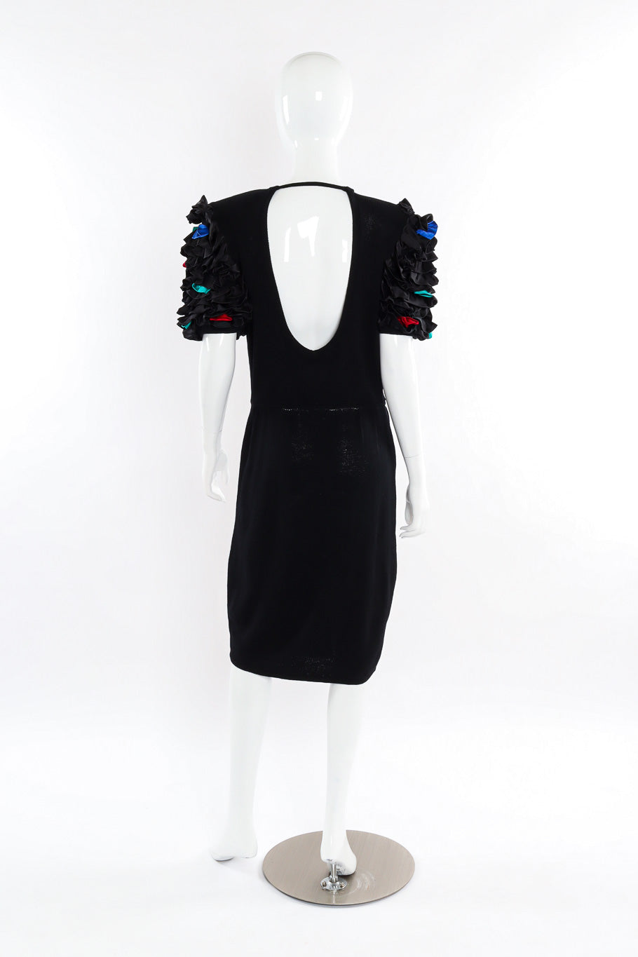 Black sweater knit dress with satin confetti ruffle sleeves by St. John mannequin back @recessla