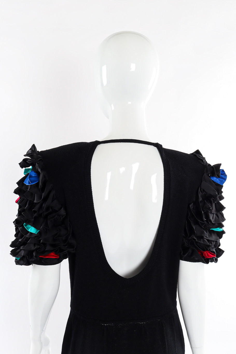 Black sweater knit dress with satin confetti ruffle sleeves by St. John open back close @recessla