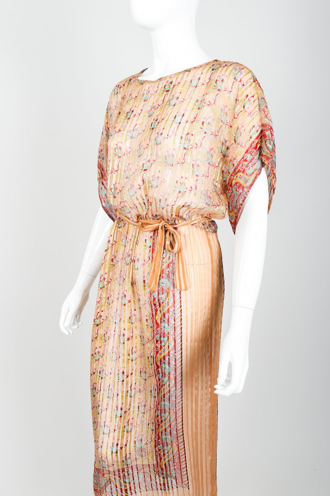 Vintage St. Piel Sheer Silk Chiffon Stripe Sarong Dress on Mannequin angle crop at Recess