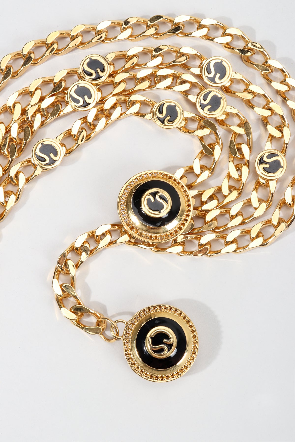 St John Vintage Gold Tone Chain Belt Triple Strand Medallion Logo Adjustable 37\