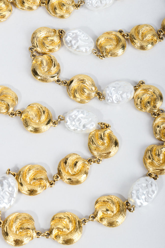 Vintage St. John Pearls & Gold Swirls Opera Necklace on Grey at Recess