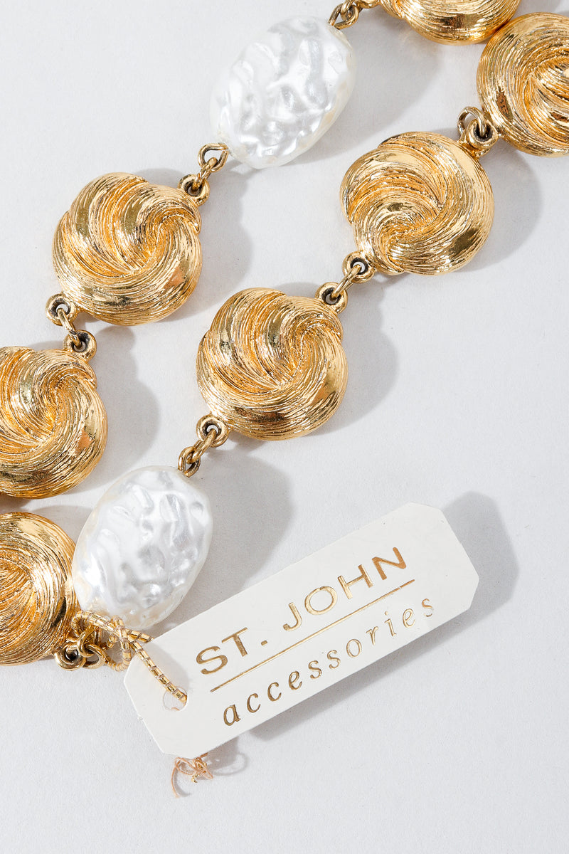 Vintage St. John Pearls & Gold Swirls Opera Necklace Tag