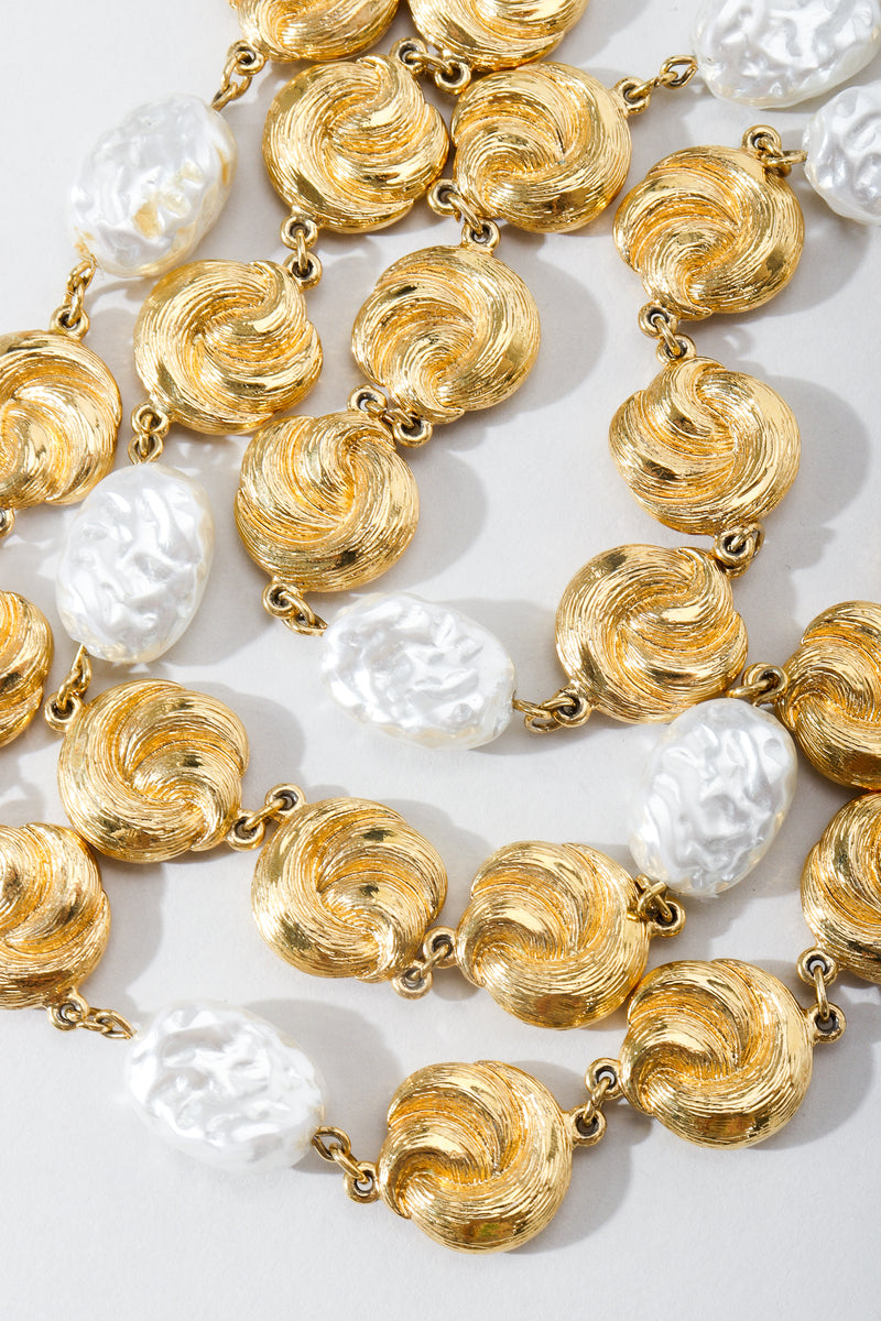 Vintage St. John Pearls & Gold Swirls Opera Necklace on Grey Cropped