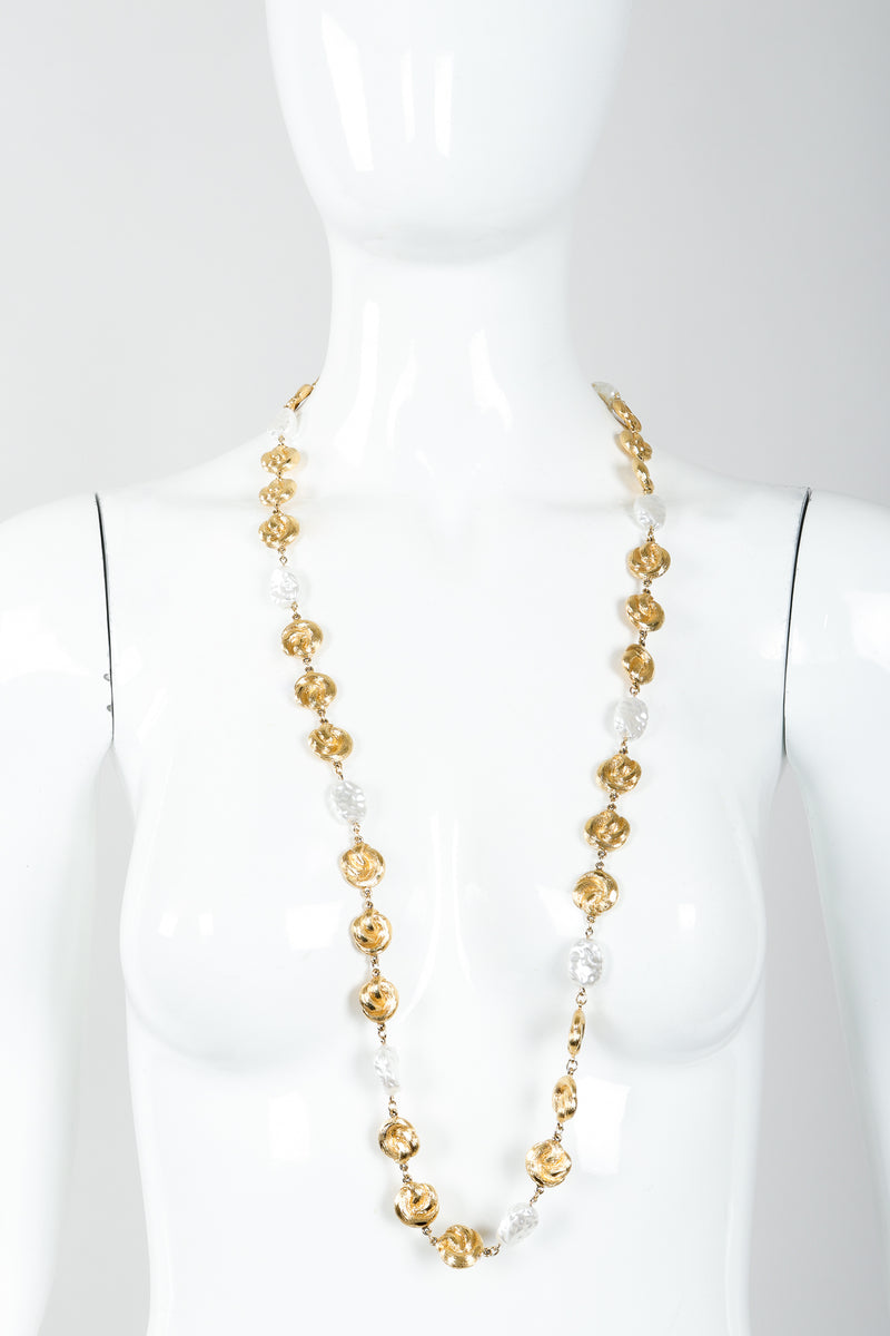 Vintage St. John Pearls & Gold Swirls Opera Necklace on Mannequin at Recess