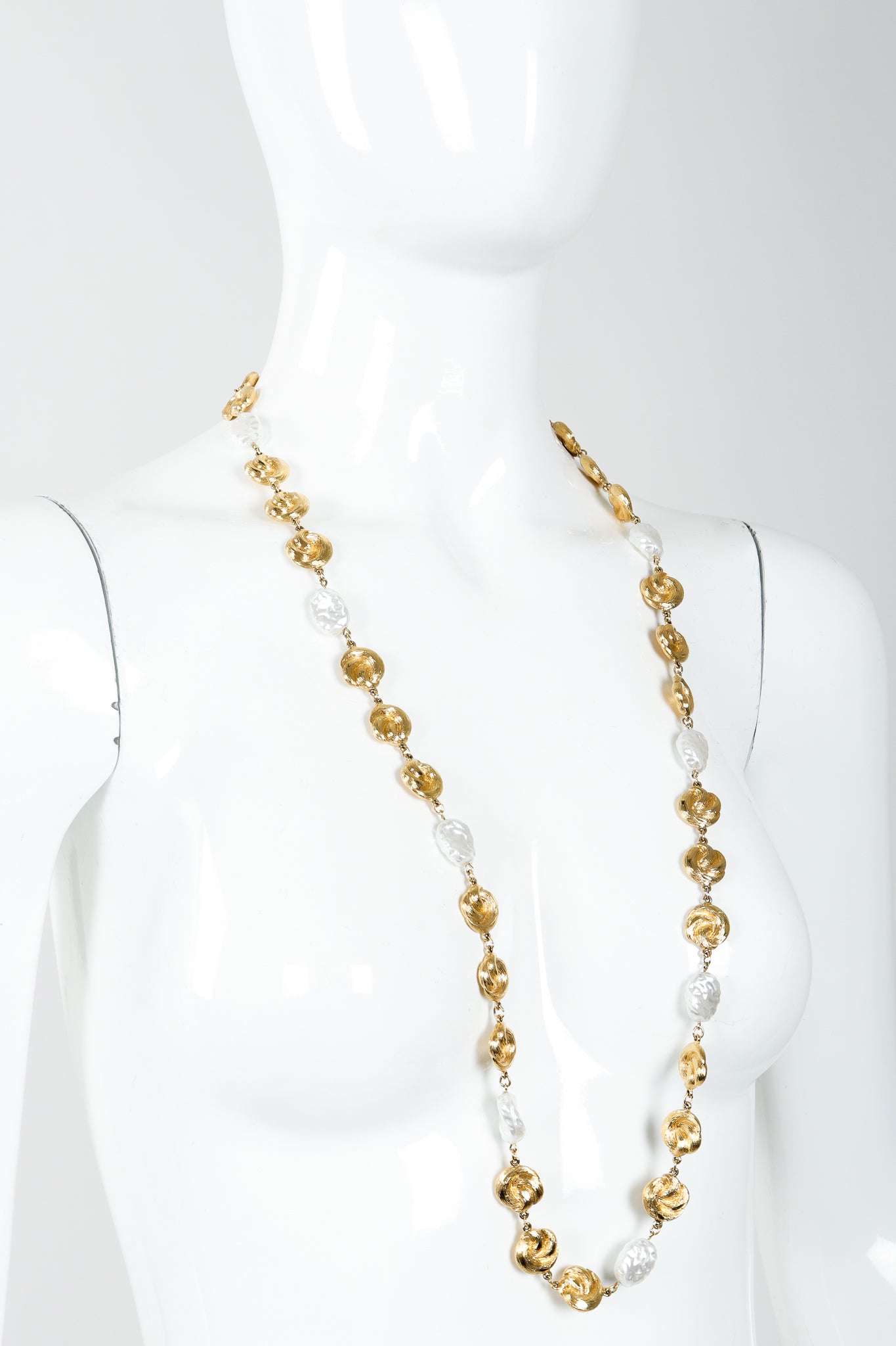 Vintage St. John Pearls & Gold Swirls Opera Necklace on Mannequin at Recess