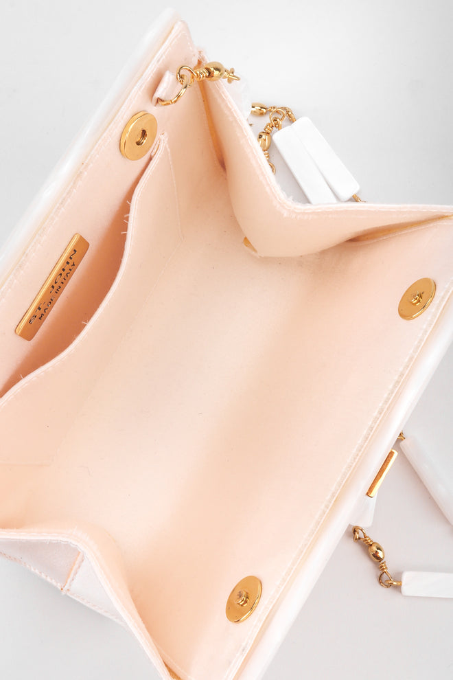 Recess Los Angeles Vintage St John Lucite Mother-of-Pearl Satin Clutch