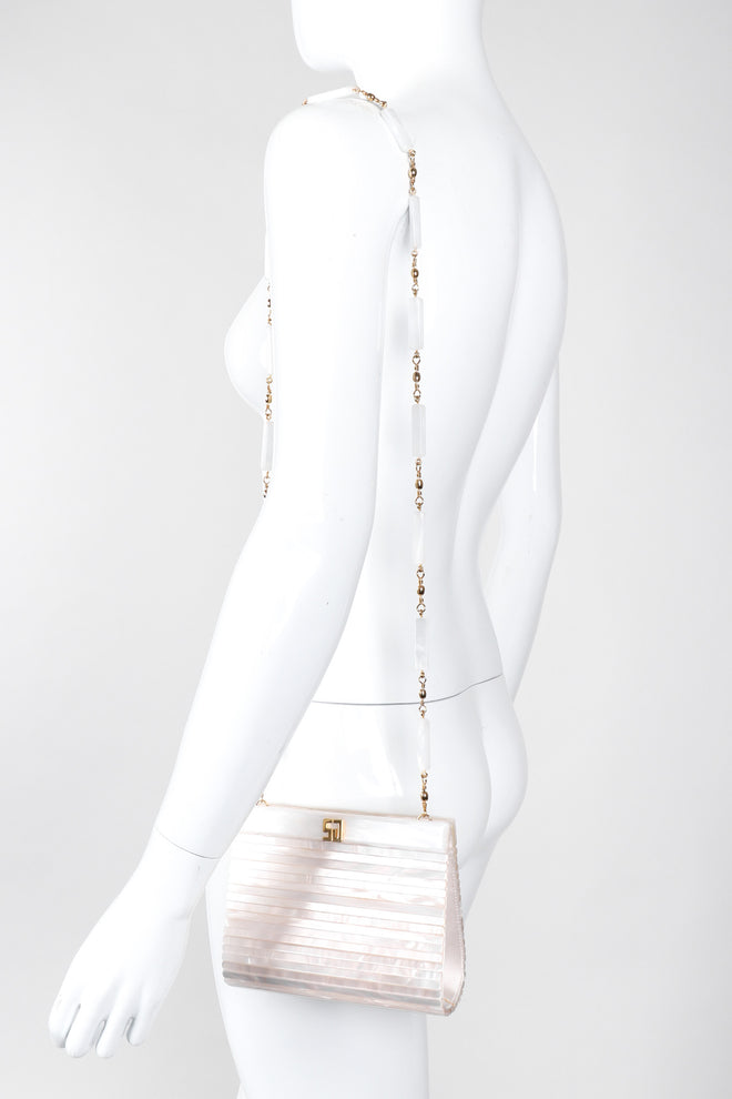 Recess Los Angeles Vintage St John Lucite Mother-of-Pearl Bridal Winter White Satin Clutch
