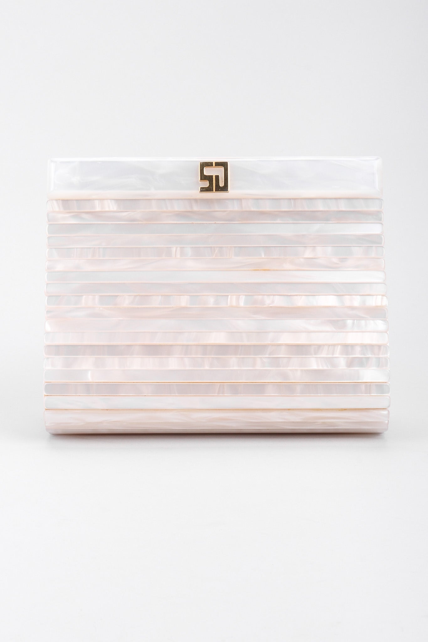 Recess Los Angeles Vintage St John Lucite Mother-of-Pearl Bridal Winter White Satin Clutch