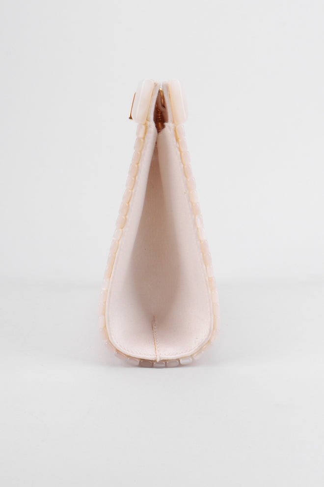 Recess Los Angeles Vintage St John Lucite Mother-of-Pearl Bridal Winter White Satin Clutch