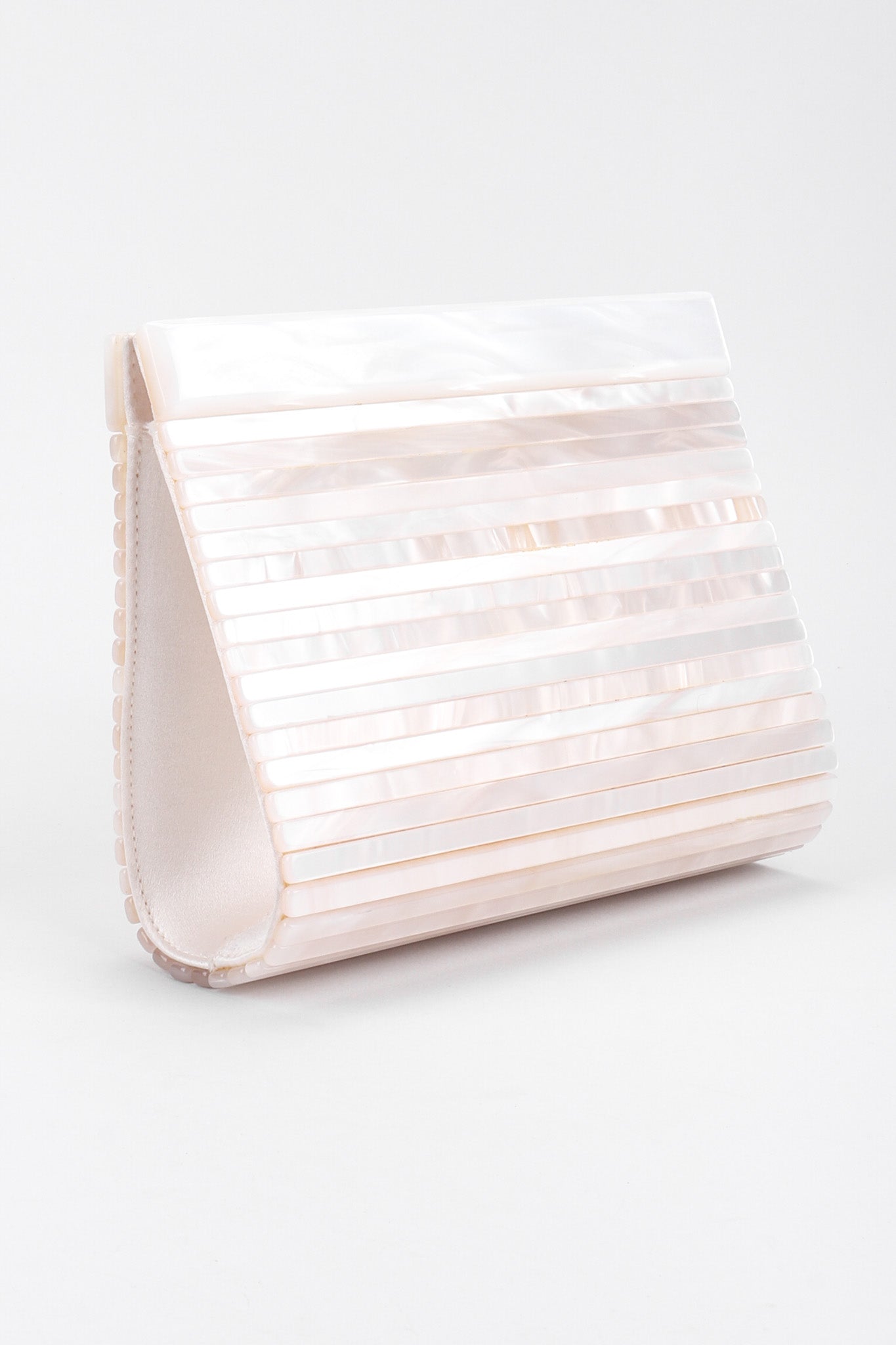 Recess Los Angeles Vintage St John Lucite Mother-of-Pearl Bridal Winter White Satin Clutch