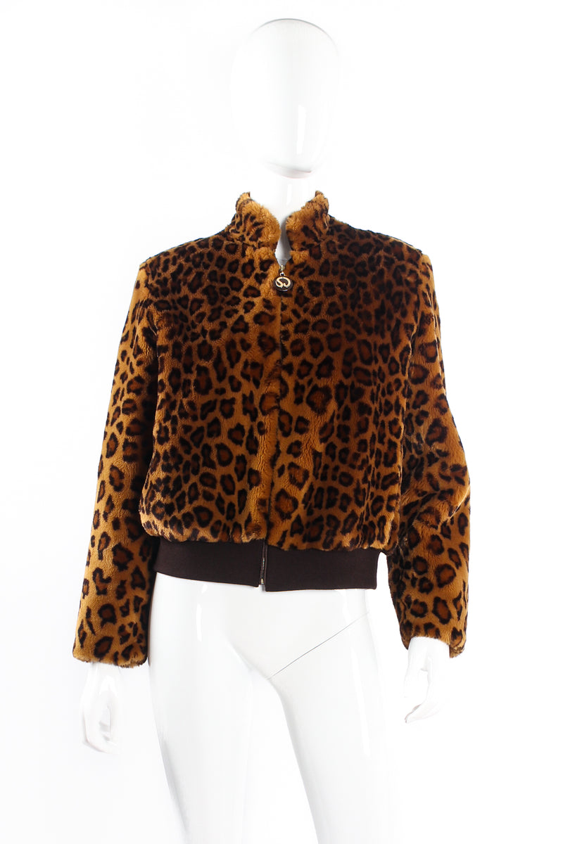 Vintage St. John Chubby Faux Leopard Bomber Jacket on mannequin front at Recess Los Angeles