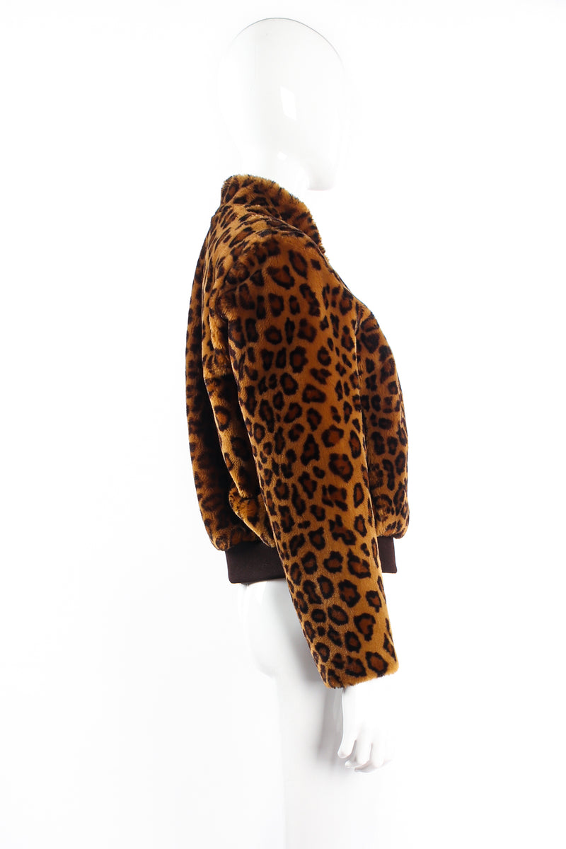 Vintage St. John Chubby Faux Leopard Bomber Jacket on mannequin side at Recess Los Angeles