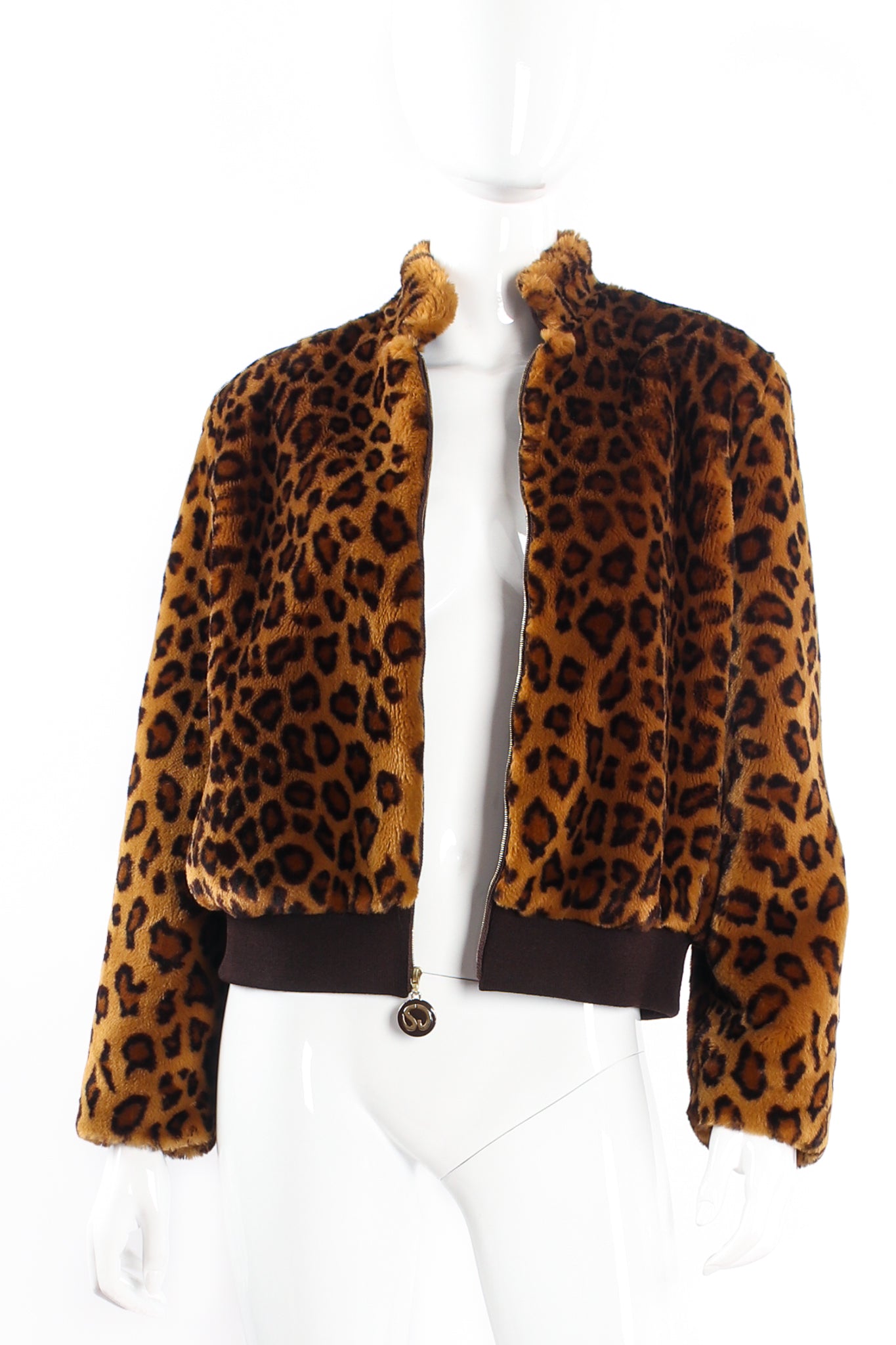 Vintage St. John Chubby Faux Leopard Bomber Jacket on mannequin open at Recess Los Angeles