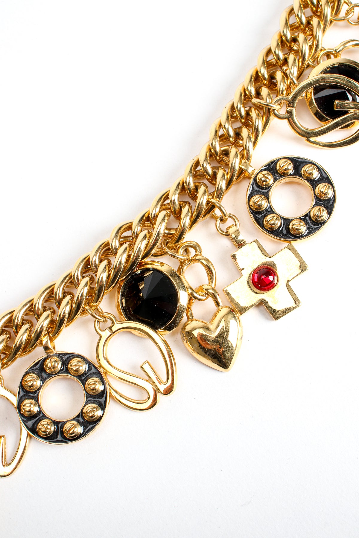 St John Chain Belt Black Ribbon and Bronze Metal Chain Rhinestones OSFM Vintage Vintage ST JOHN SJ Logo Designer Runway Layered Gold Tone  main image 2