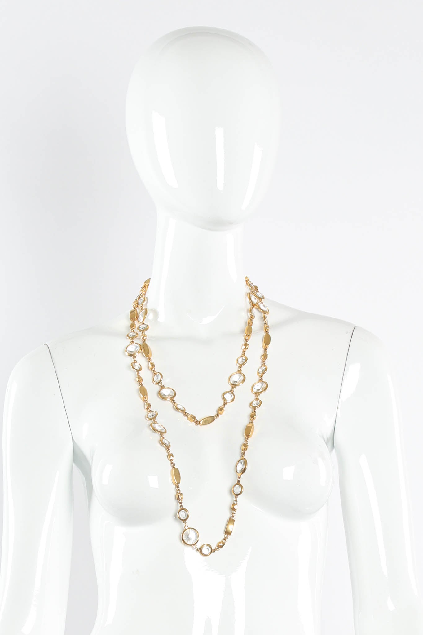 Vintage St. John Geometric Round Crystal Shape Necklace layered on mannequin @ Recess LA