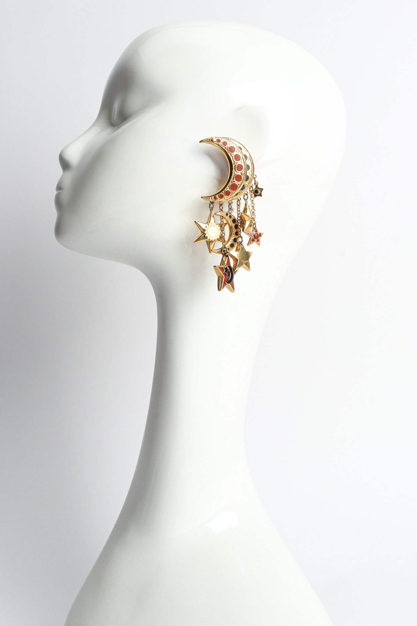 Vintage St. Tropez Moon Star Chandelier Earrings on mannequin @ Recess LA