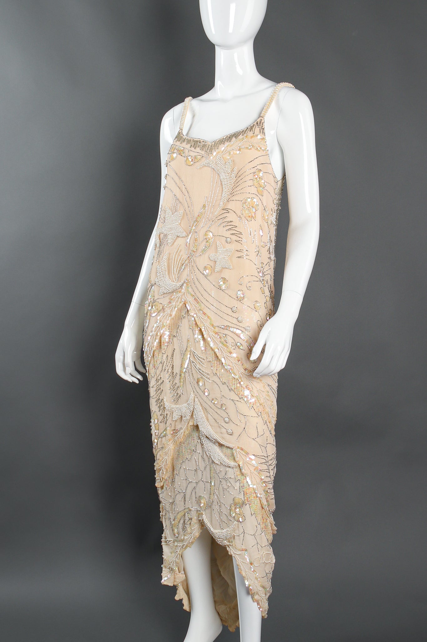 Vintage St. Vini Creations Deco Beaded Shift Slip Dress on  mannequin angle at Recess Los Angeles