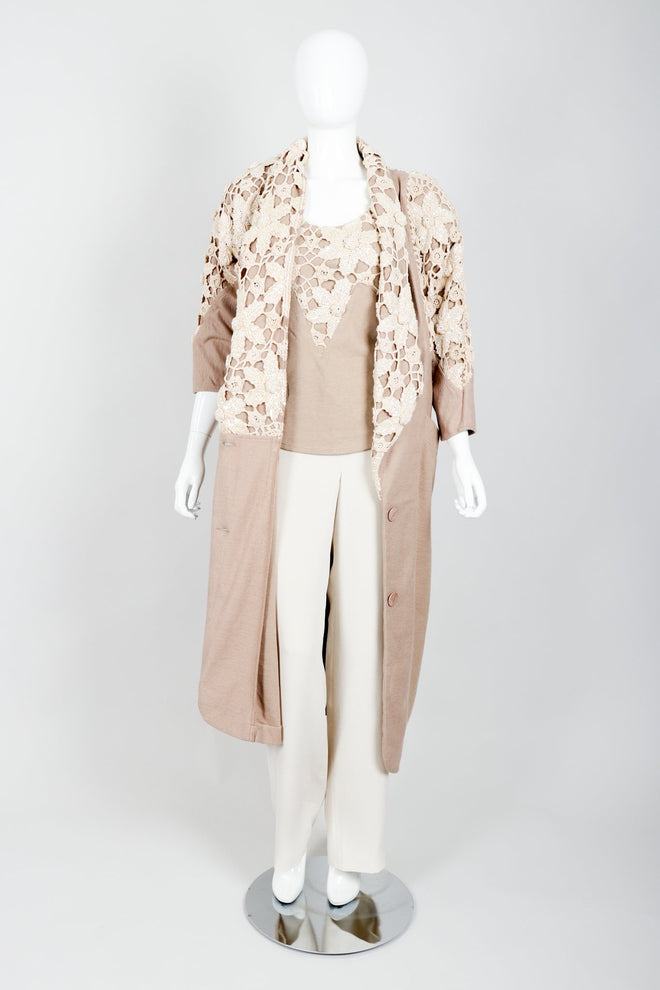 Vintage Lim's Glitter Sequin Crochet Lace Coat & Tank Set on Mannequin Open at Recess