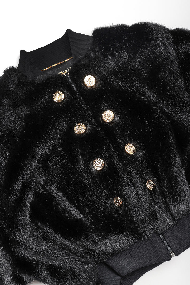 Recess Vintage St. John black faux fur bomber jacket, front button detail