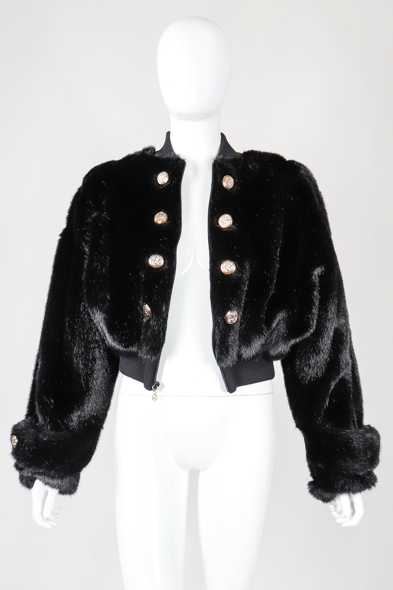 Recess Vintage St. John black faux fur bomber jacket on mannnequin, unbuttoned