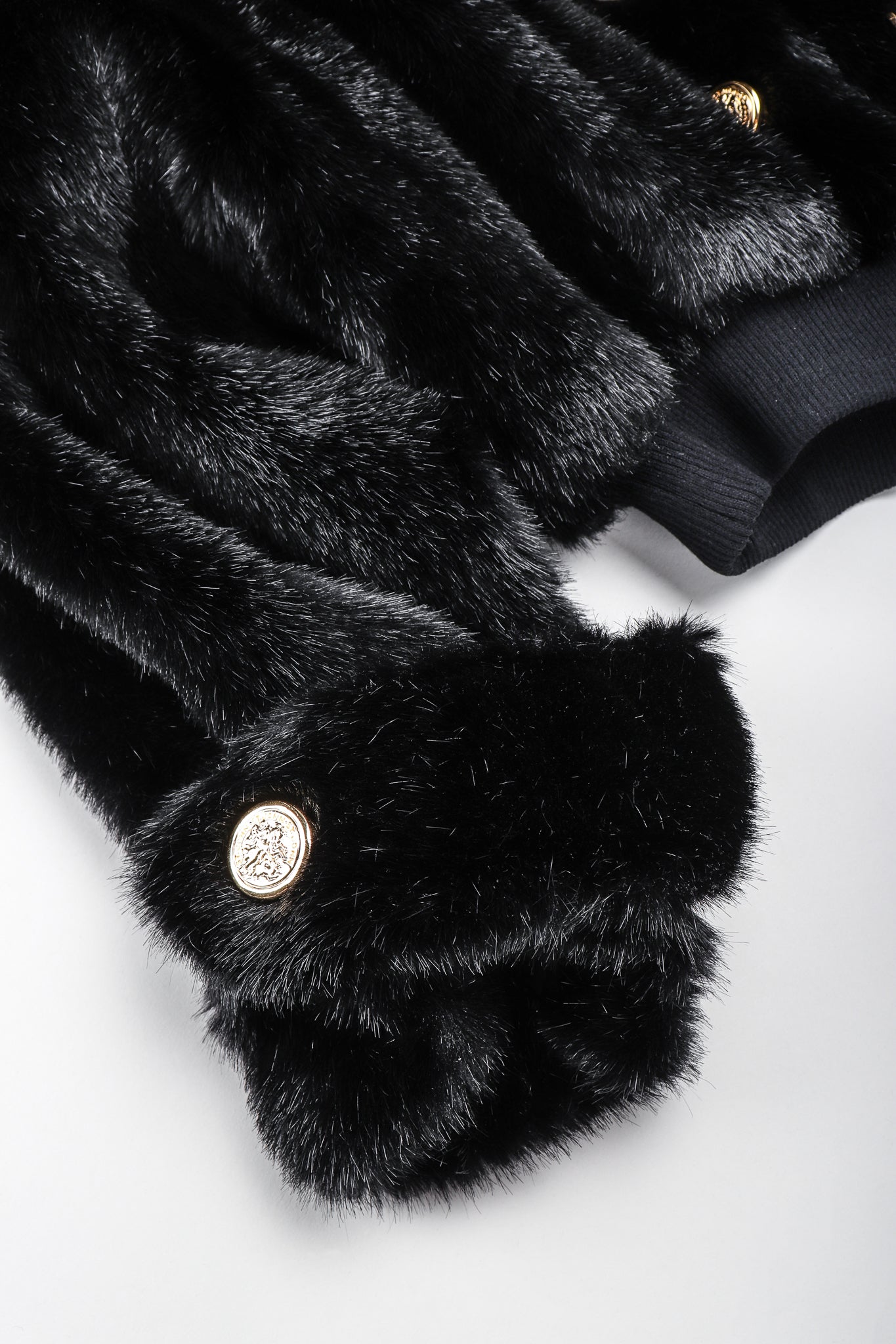 Recess Vintage St. John black faux fur bomber jacket, sleeve detail