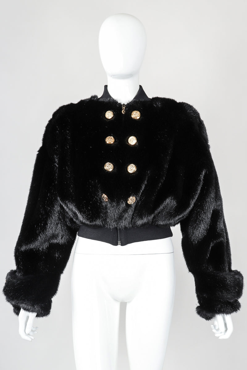 Recess Vintage St. John cropped black faux fur bomber jacket on mannnequin, front