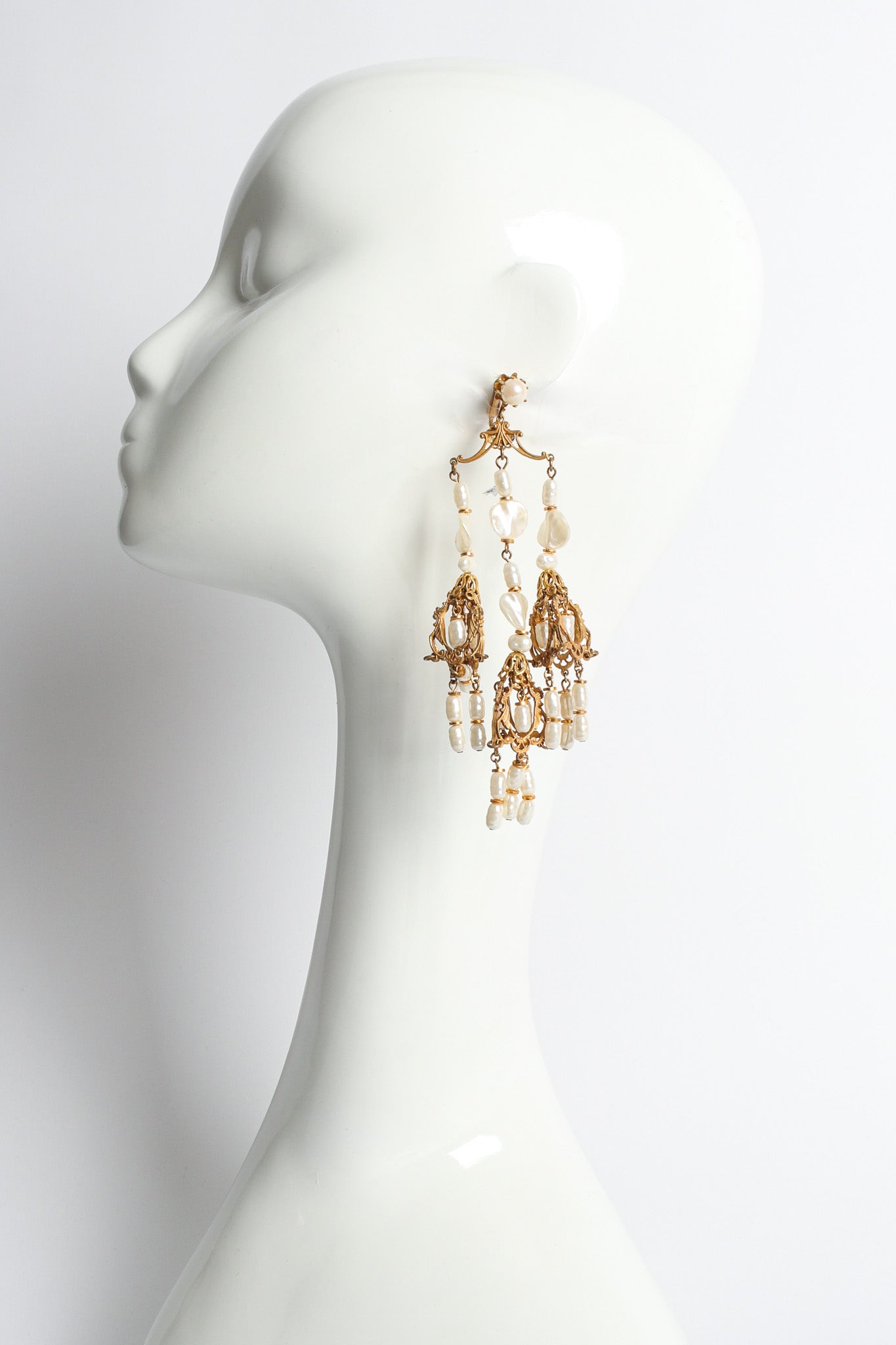 Vintage Stanley Hagler Baroque Pearl Chandelier Earrings on mannequin @ Recess LA