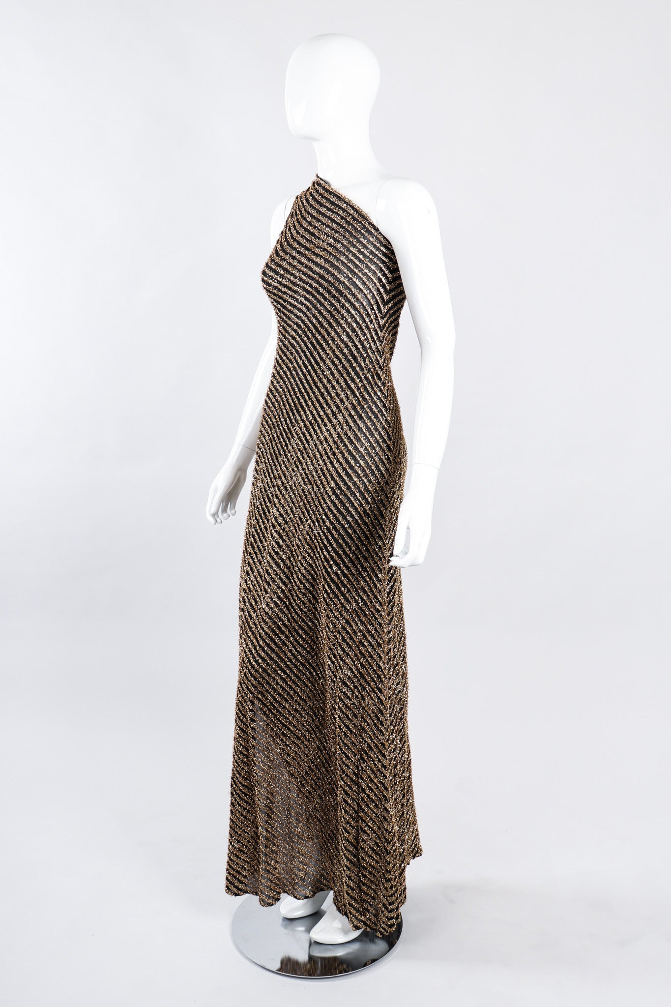 Vintage Stephen Burrows Gold Lamé Stripe Asymmetrical One-Shoulder Gown ...