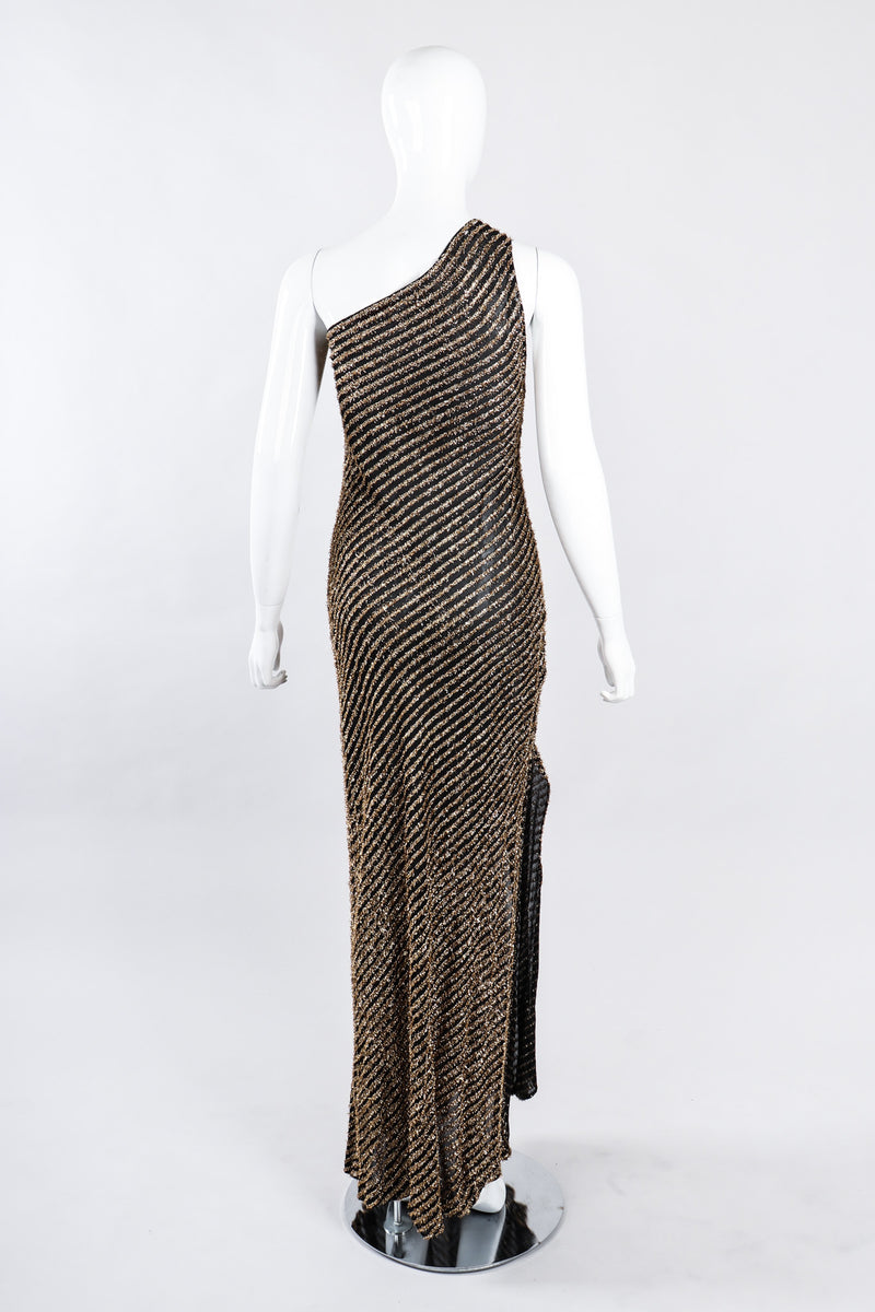 Recess Los Angeles Vintage Stephen Burrows Gold Lamé Stripe Asymmetrical One-Shoulder Gown