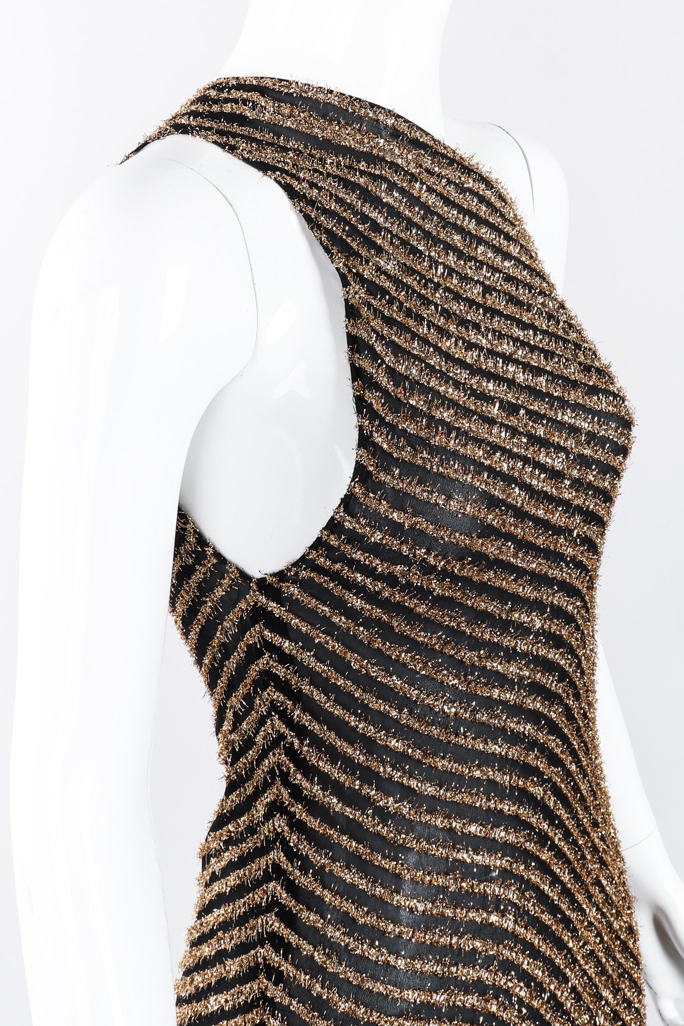 Recess Los Angeles Vintage Stephen Burrows Gold Lamé Stripe Asymmetrical One-Shoulder Gown