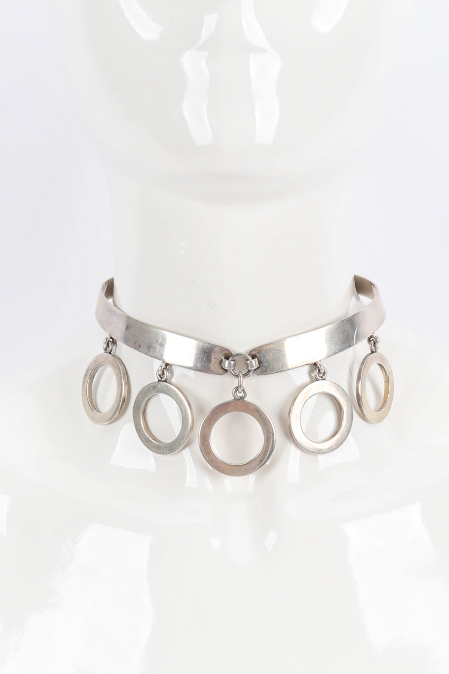 Silver industrial o-ring drop choker necklace clasped photo on mannequin. @recessla