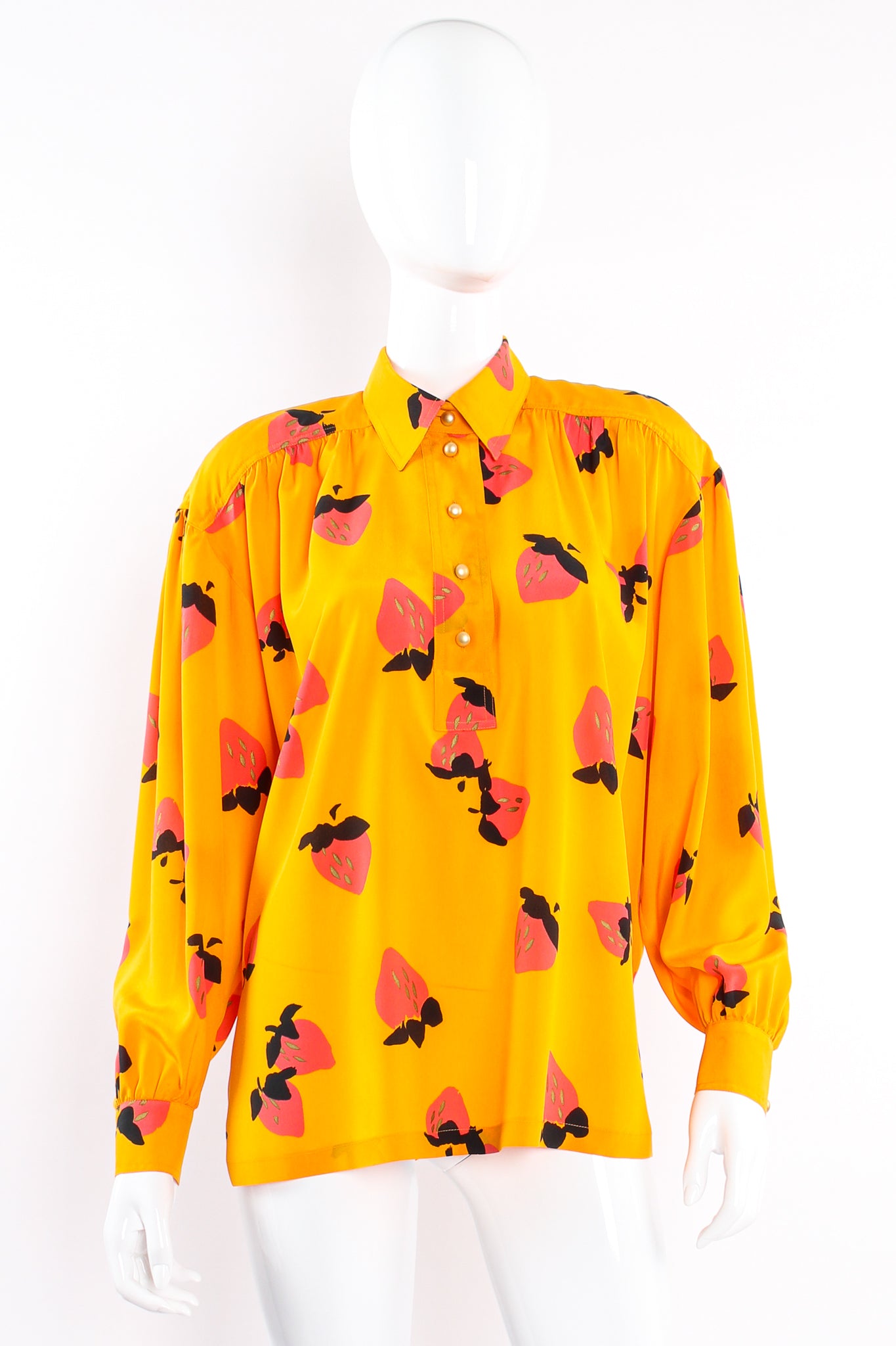 Vintage Escada Graphic Strawberry Print Blouse on Mannequin front at Recess Los Angeles