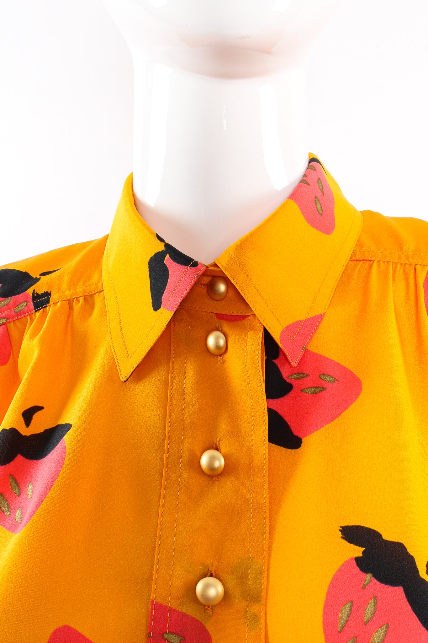 Vintage Escada Graphic Strawberry Print Blouse on Mannequin collar at Recess Los Angeles