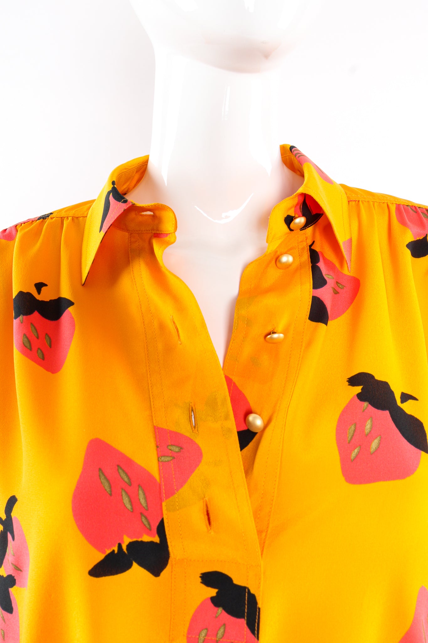 Vintage Escada Graphic Strawberry Print Blouse on Mannequin button placket at Recess Los Angeles