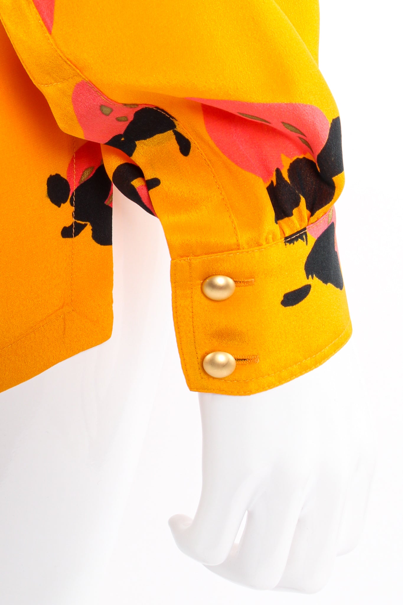 Vintage Escada Graphic Strawberry Print Blouse on Mannequin sleeve cuff at Recess Los Angeles