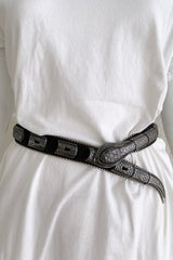 Vintage Streets Ahead Gunmetal Leather Snake Belt on Mannequin at Recess Los Angeles