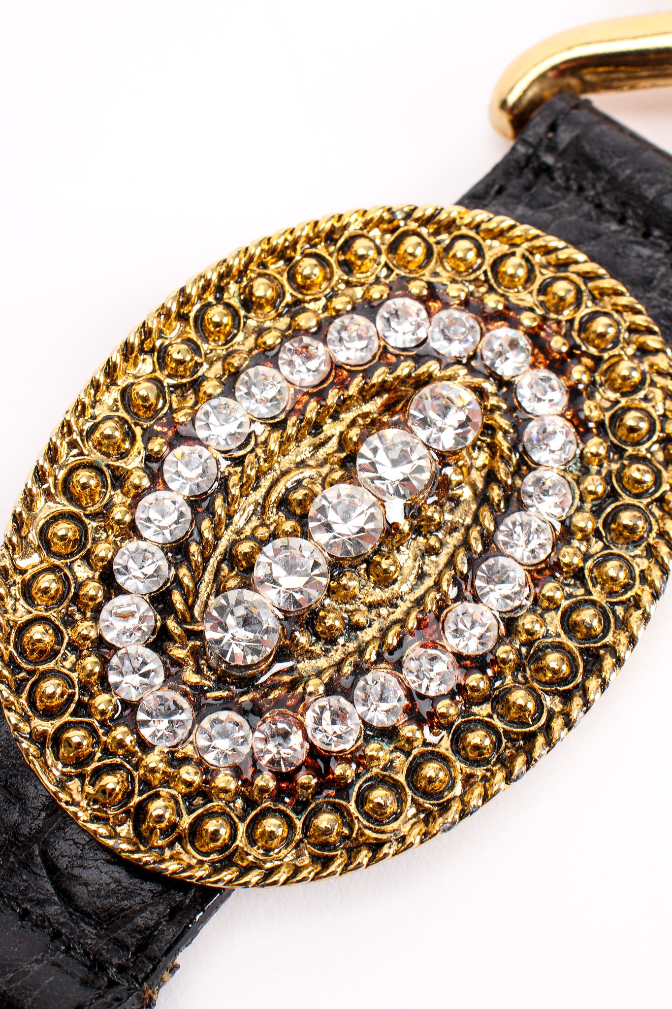 Vintage Streets Ahead Rhinestone Medallion Draped Chain Leather Belt detail at Recess Los Angeles