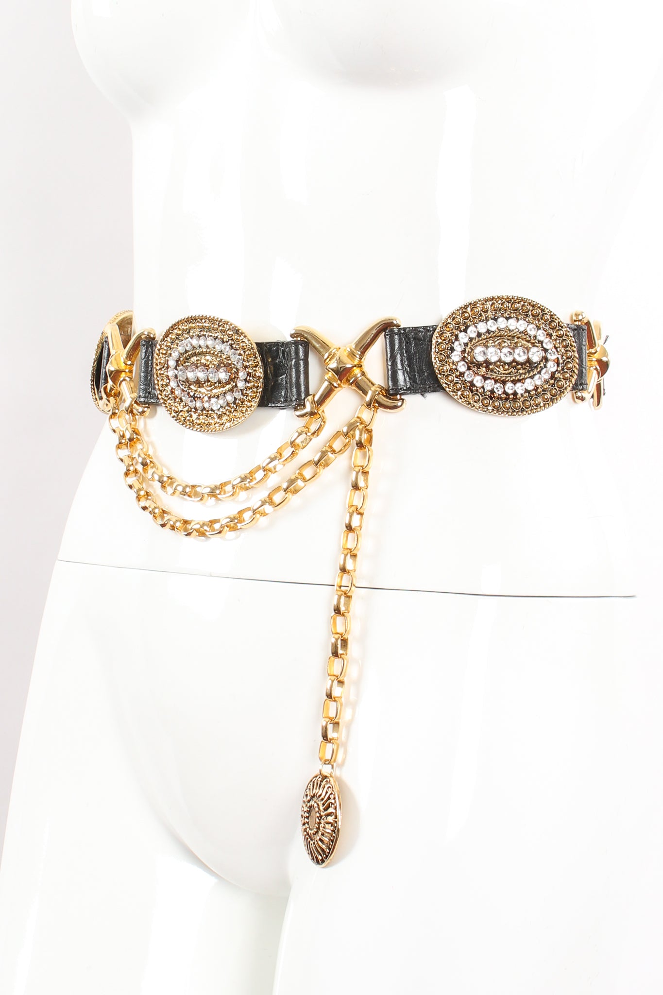 Vintage Streets Ahead Rhinestone Medallion Draped Chain Leather Belt on Mannequin at Recess Los Angeles