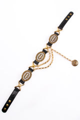 Vintage Streets Ahead Rhinestone Medallion Draped Chain Leather Belt flat at Recess Los Angeles