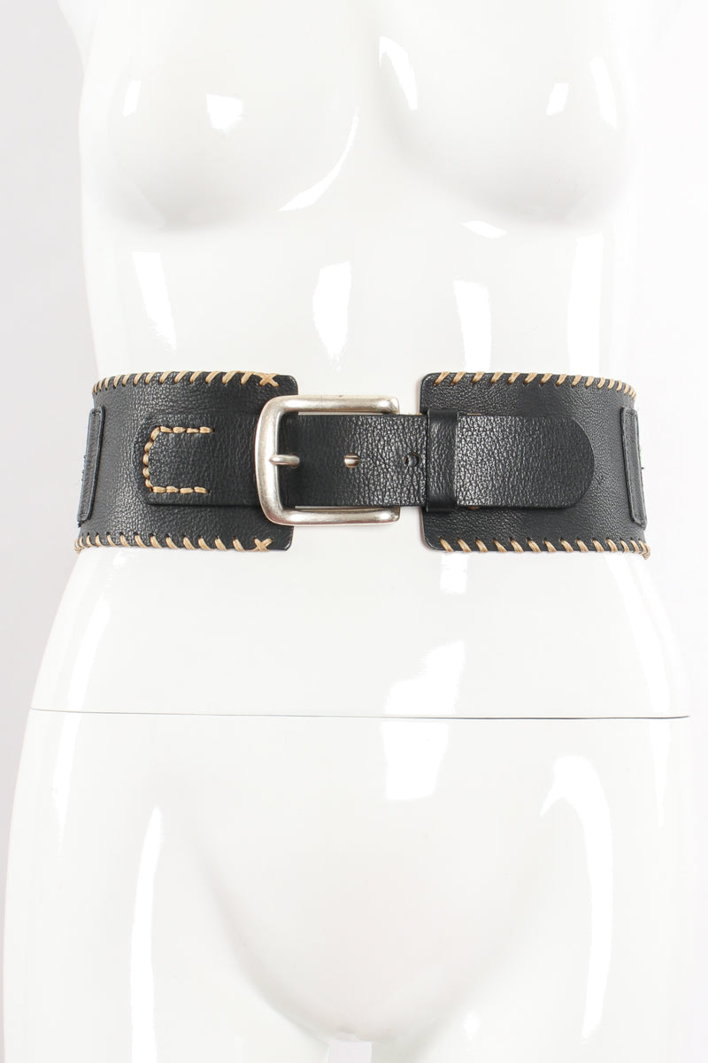 Vintage Streets Ahead Folk Beaded Leather Belt on mannequin at Recess Los Angeles