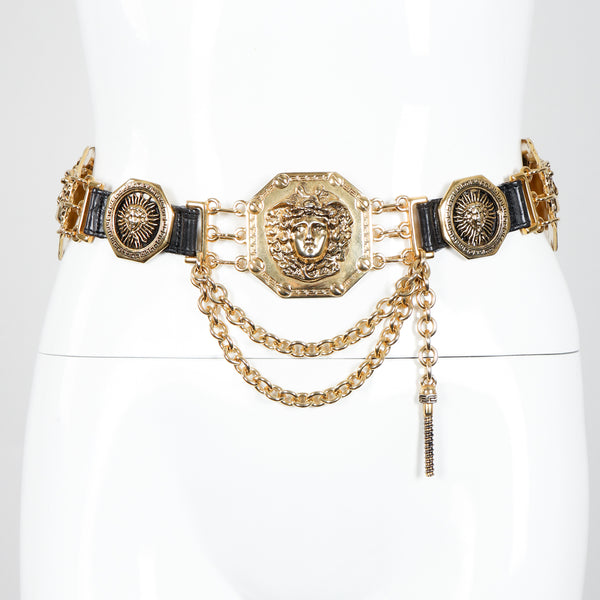 Vintage Streets Ahead Medusa Leather Chain Belt Recess