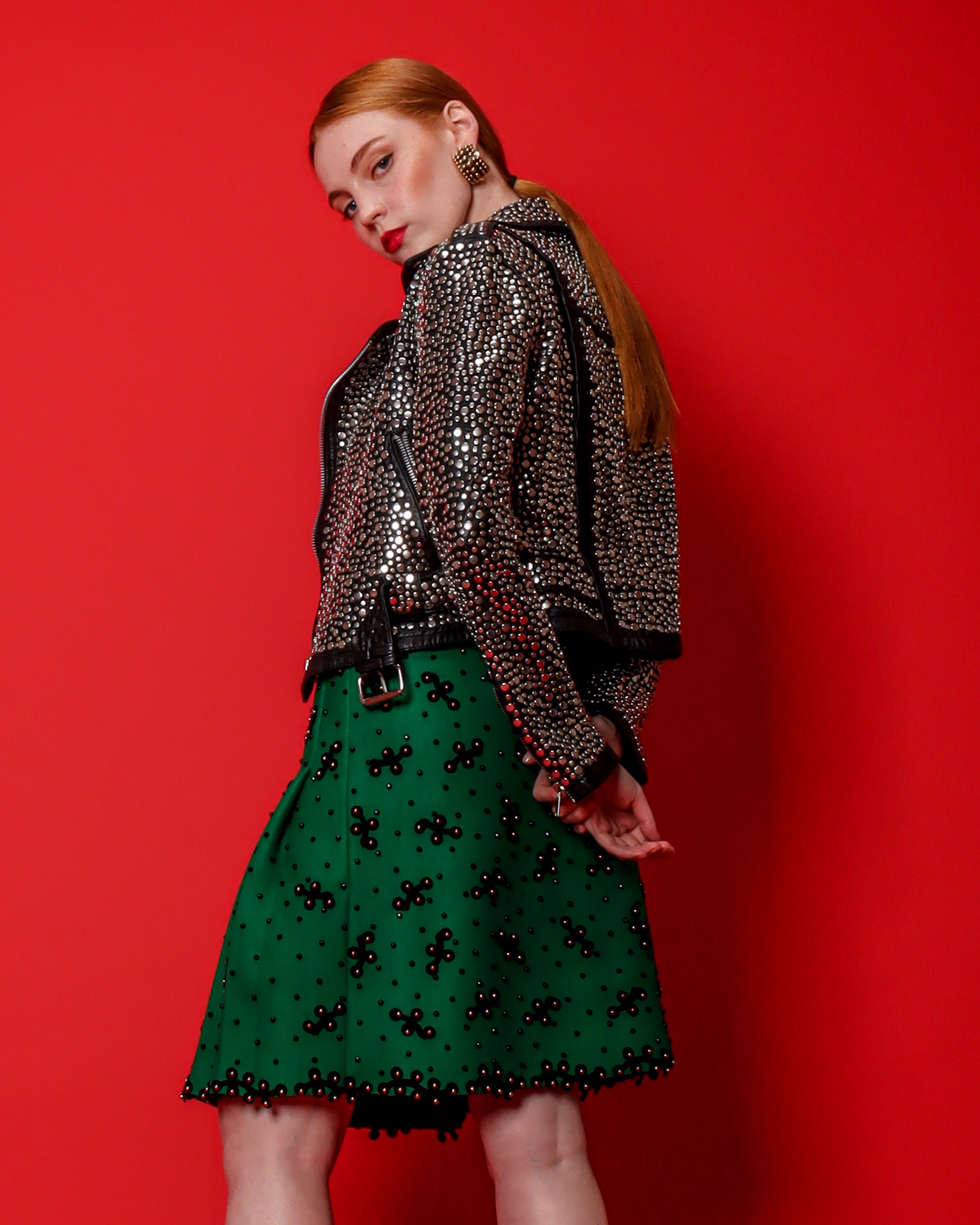 VIntage Adolfo Studded Embellished Wool Skirt on model Emily @ Recess LA